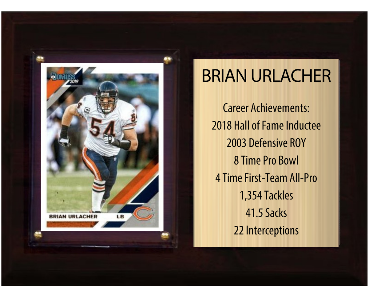 Brian Urlacher Chicago Bears Hall of Fame Stats Plaque 6x8 1 Card Prizm, Donruss, Score 2024 2025 2026