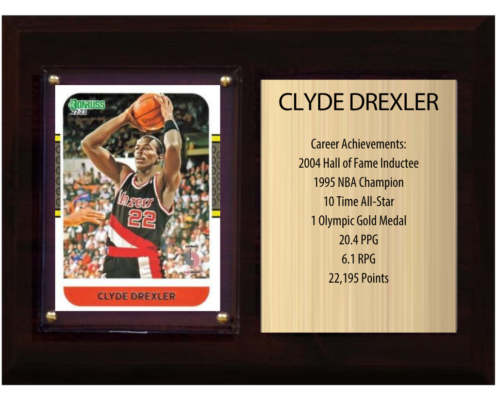 Clyde Drexler Portland Trail Blazers Hall of Fame Stats Plaque 6x8 1 Card Hoops, Prizm, Donruss 2024 2025 2026