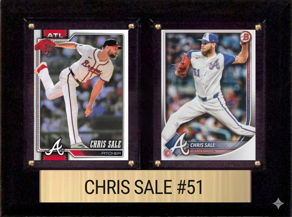 Chris Sale Atlanta Braves Fan Gift Plaque 6x8 2 Cards Topps, Bowman 2024 2025 2026