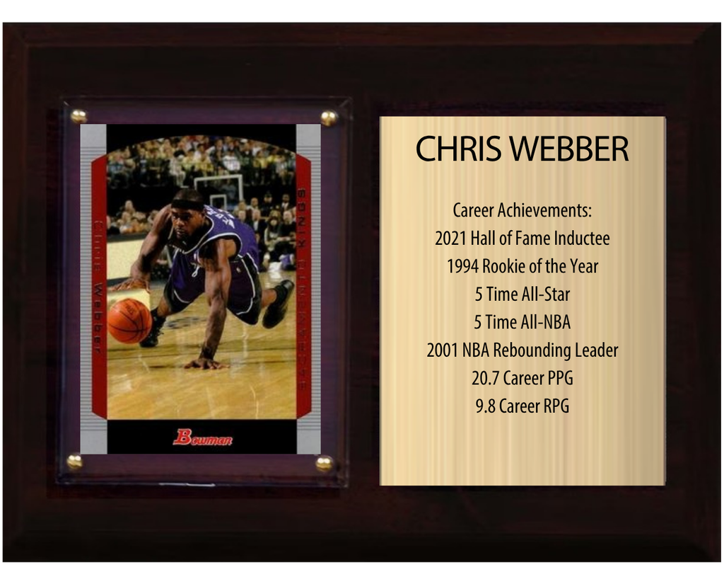 Chris Webber Sacramento Kings Hall of Fame Stats Plaque 6x8 1 Card Hoops, Prizm, Donruss 2024 2025 2026