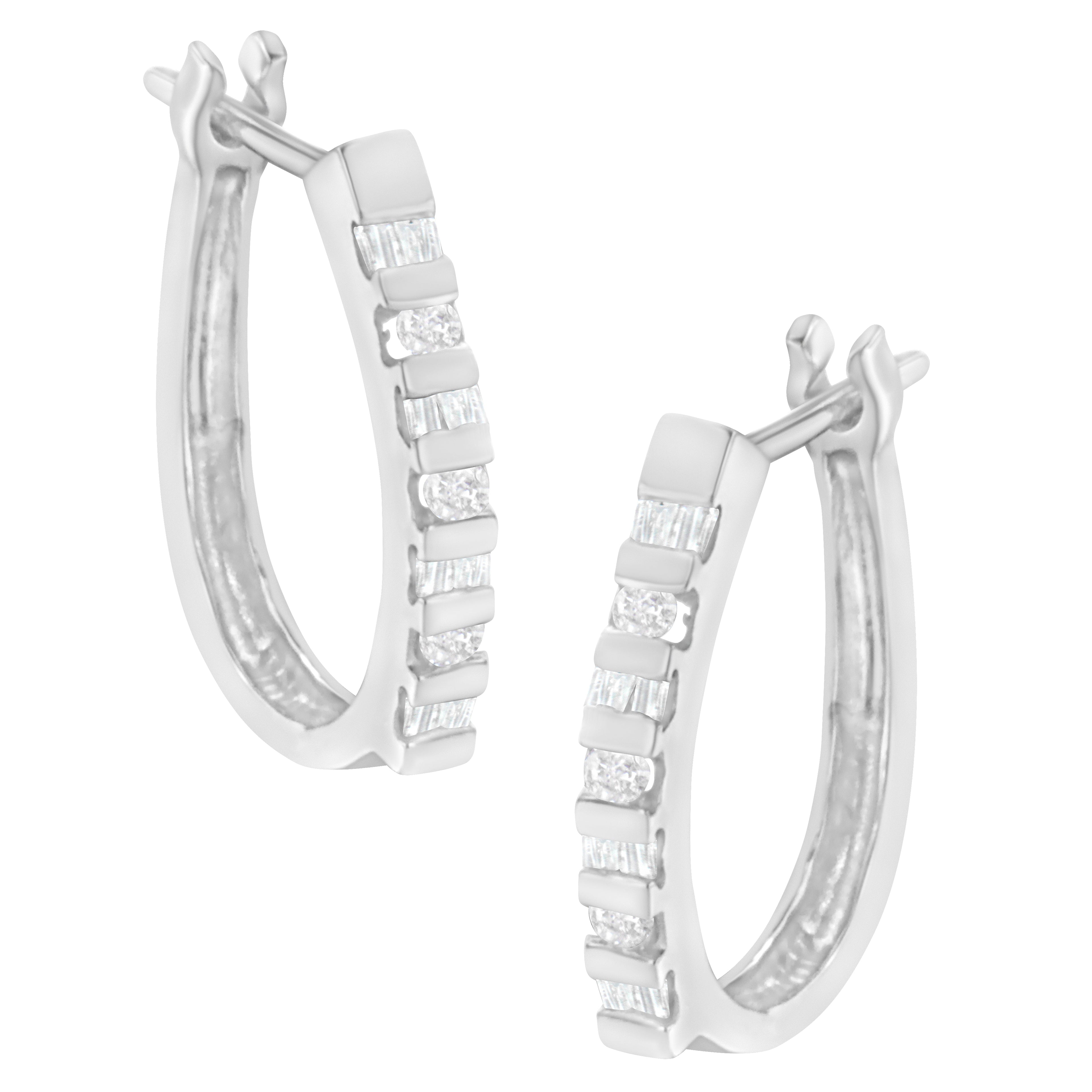 10K Yellow Gold Round and Baguette Cut Diamond Oblong Hinged Leverback Hoop Earrings (Â¼ Cttw, I-J Color, I2-I3 Clarity)