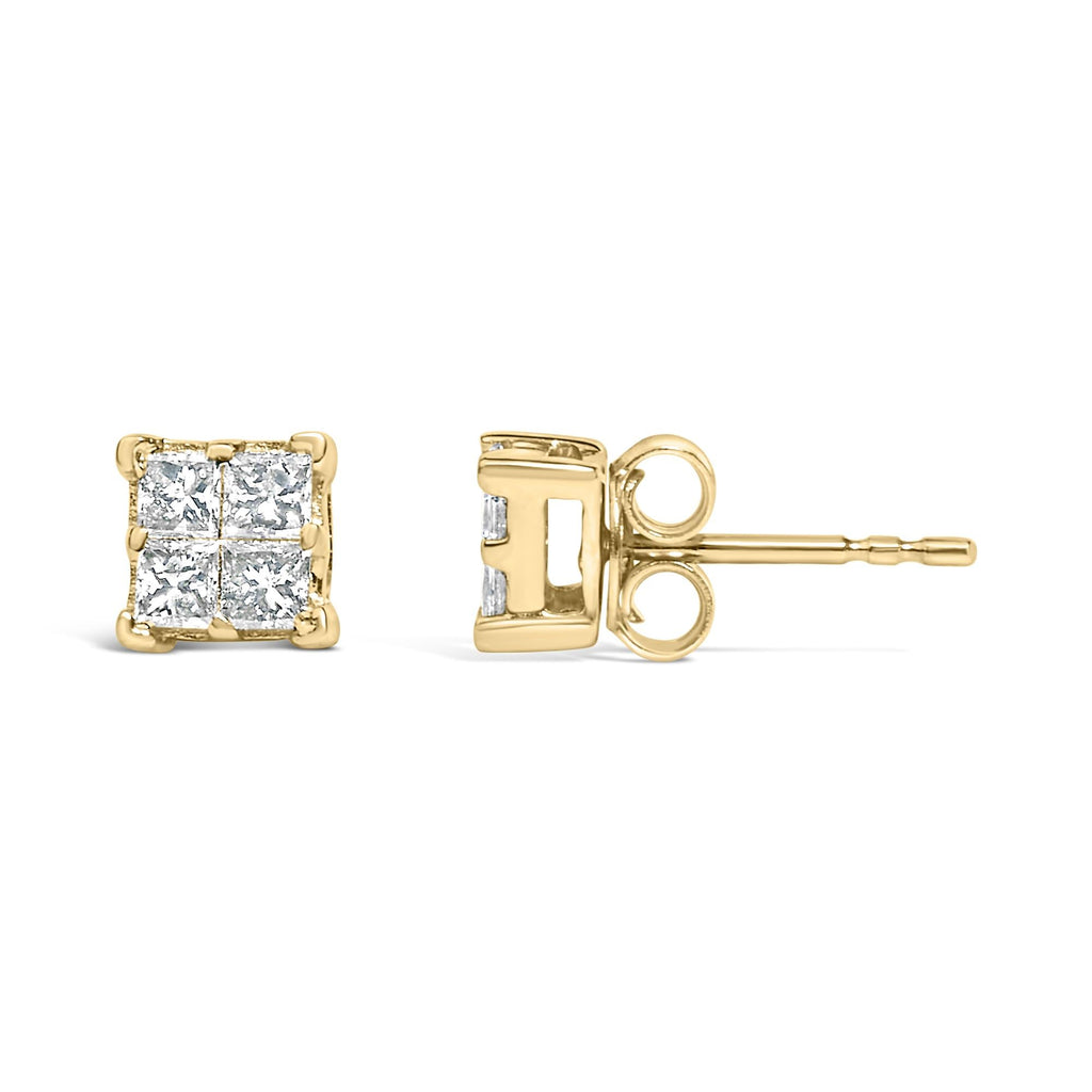 14K Yellow Gold 1/2 Cttw Invisible Set Princess Diamond Composite Square Stud Earring (K-L Color, SI1-SI2 Clarity)