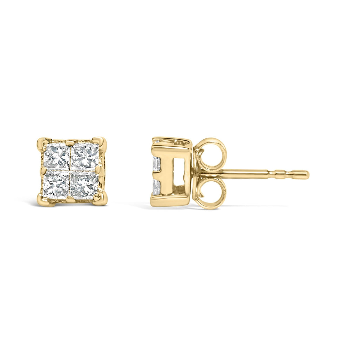14K Yellow Gold 1/2 Cttw Invisible Set Princess Diamond Composite Square Stud Earring (K-L Color, SI1-SI2 Clarity)