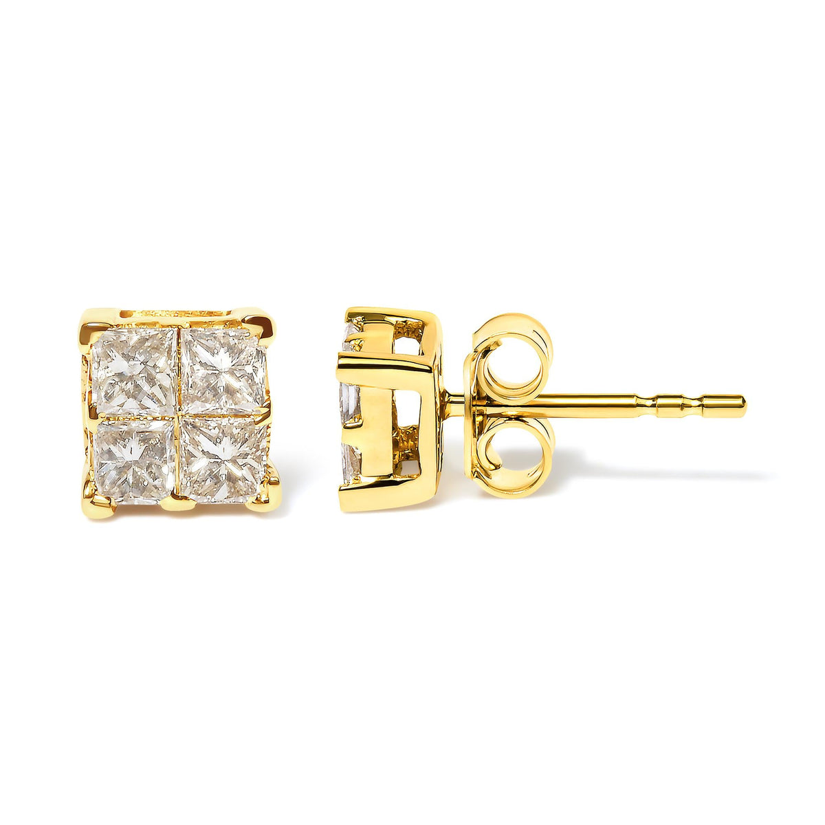 10K Yellow Gold 3/4 Cttw Invisible Set Princess-Cut Diamond Composite Square Stud Earrings (I-J Color, I2-I3 Clarity)