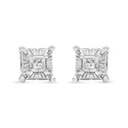 .925 Sterling Silver 1/4 Cttw Miracle Set Princess-Cut Diamond Solitaire Stud Earrings with Hidden Halo (I-J Color, SI2-I1 Clarity)