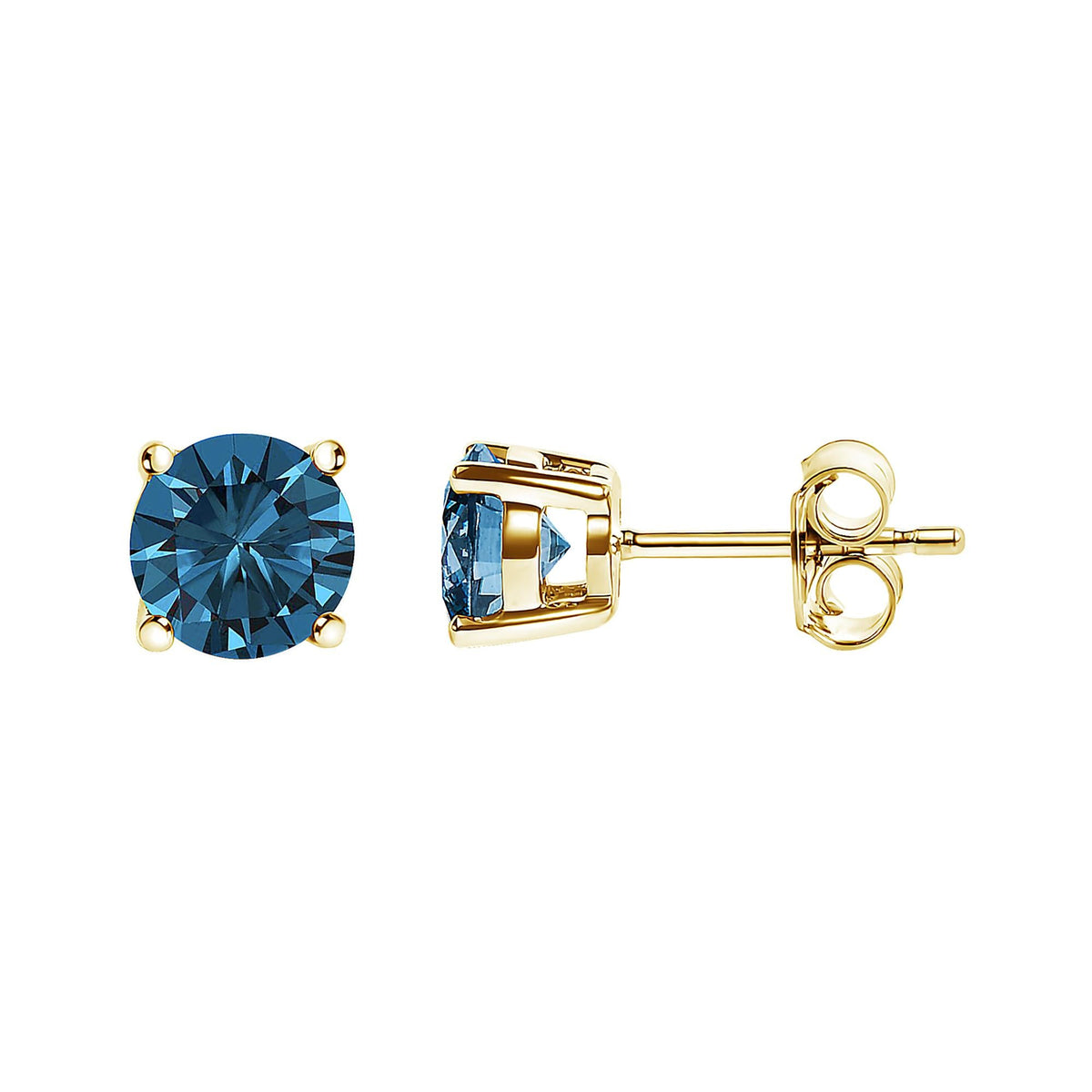 14K Gold Round Brilliant Cut Lab Grown Blue Diamond 4-Prong Classic Solitaire Stud Earrings with Pushbacks
