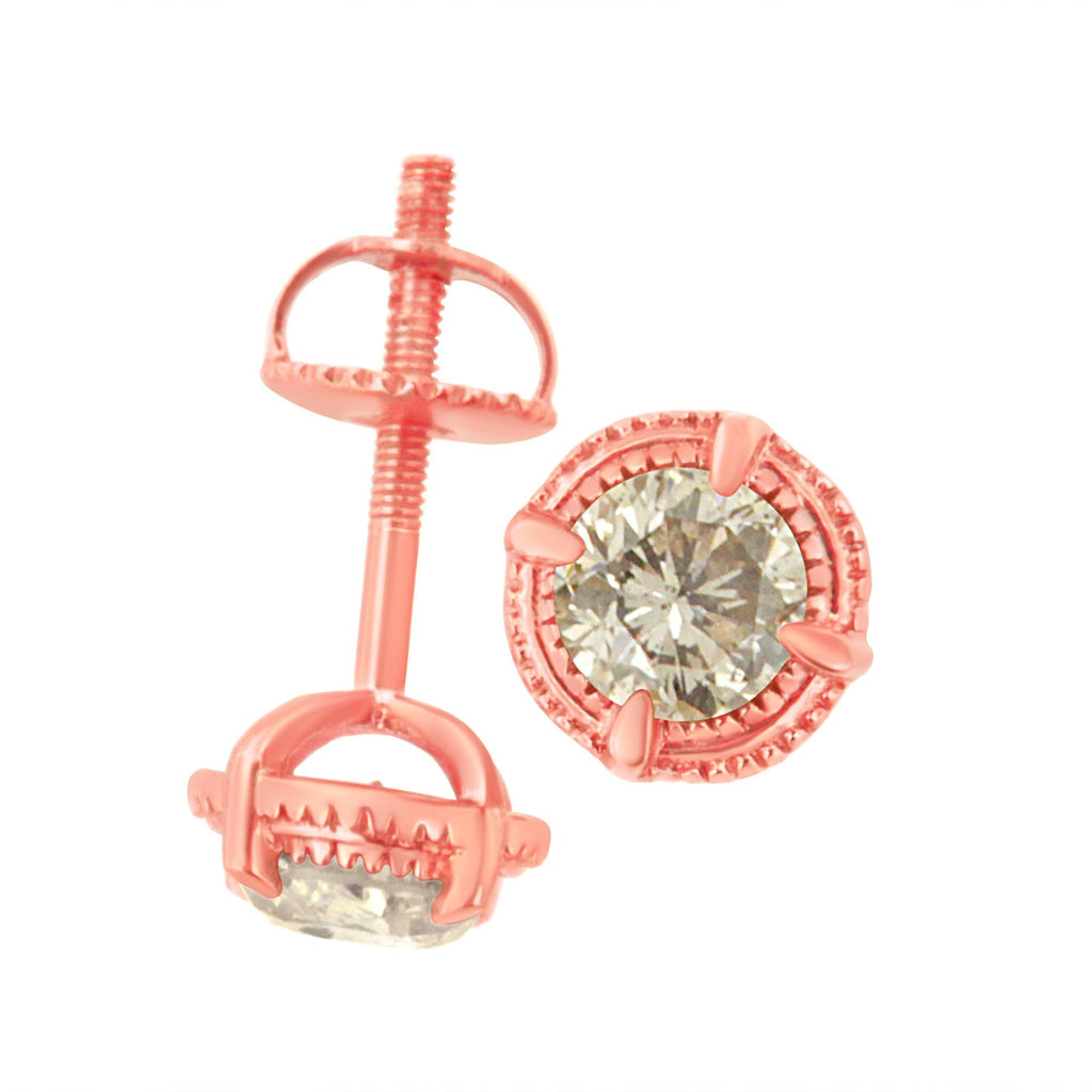 .925 Sterling Silver Round Brilliant Cut Diamond Solitaire Milgrain Stud Earrings
