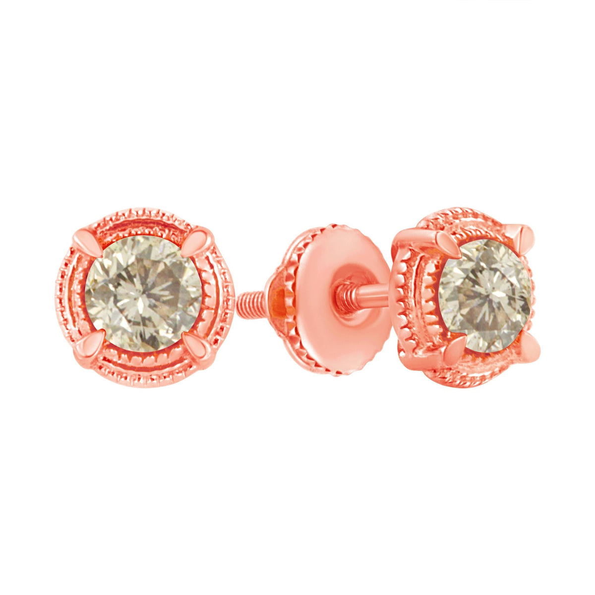 .925 Sterling Silver Round Brilliant Cut Diamond Solitaire Milgrain Stud Earrings