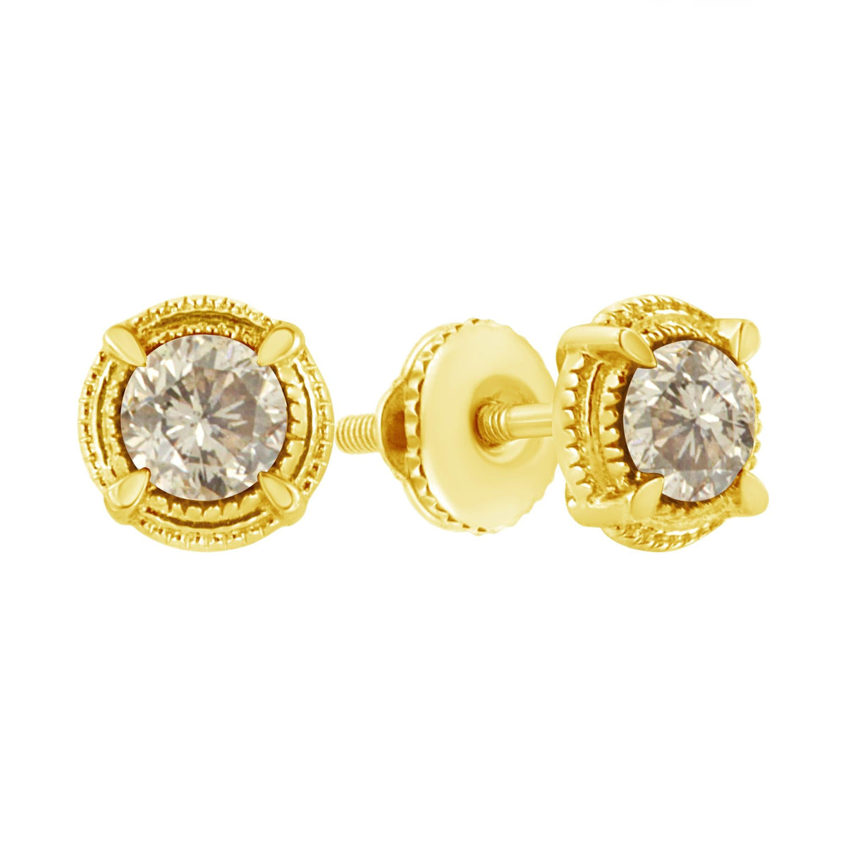.925 Sterling Silver Round Brilliant Cut Diamond Solitaire Milgrain Stud Earrings