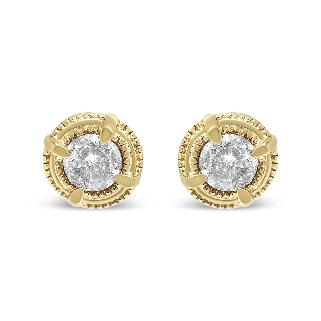 .925 Sterling Silver Round Brilliant Cut Diamond Solitaire Milgrain Stud Earrings