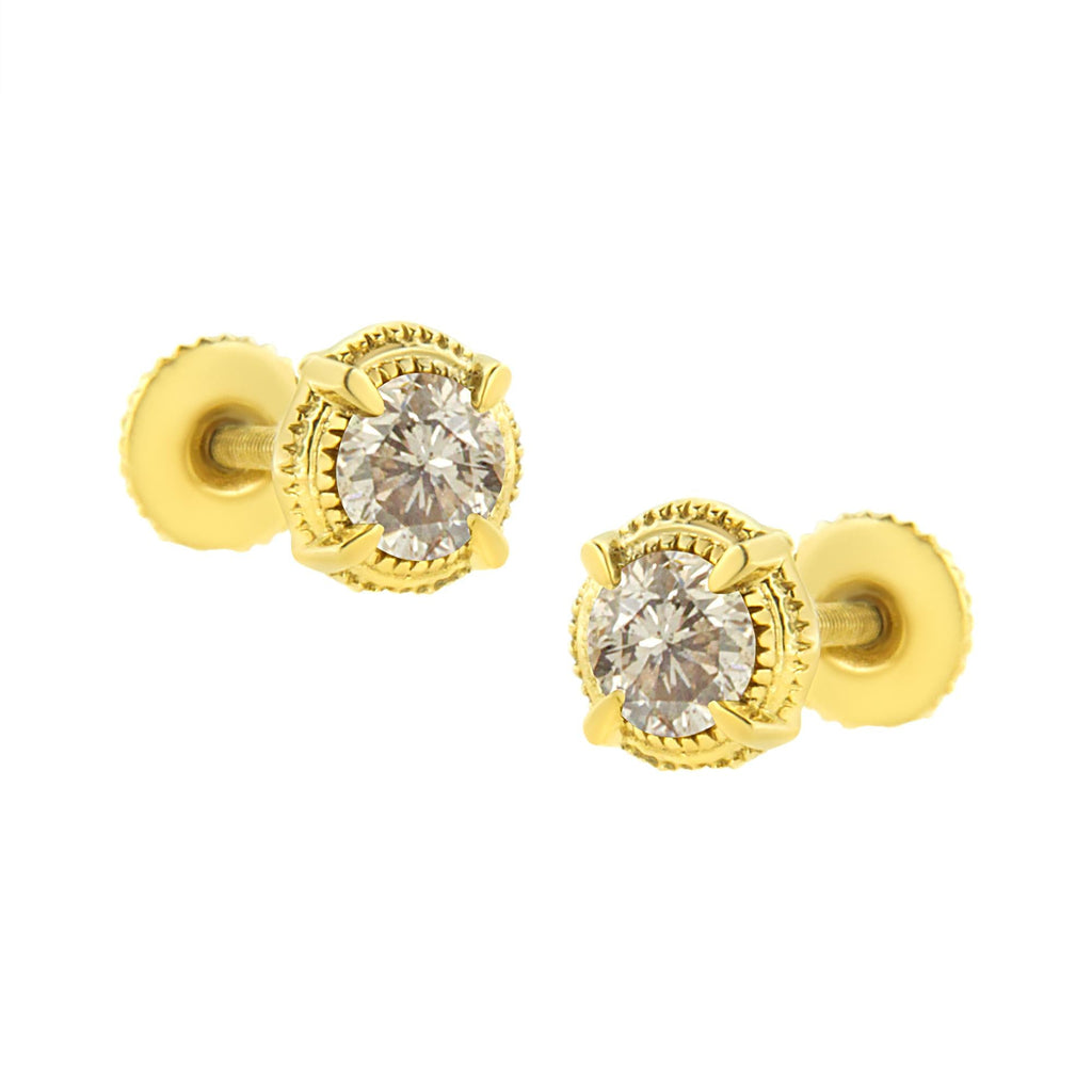 .925 Sterling Silver Round Brilliant Cut Diamond Solitaire Milgrain Stud Earrings