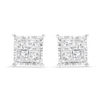 14K White Gold 1 1/2 Cttw Invisible Set Princess-Cut Diamond Contemporary Wavy Quad Stud Earrings (I-J Color, I1-I2 Clarity)