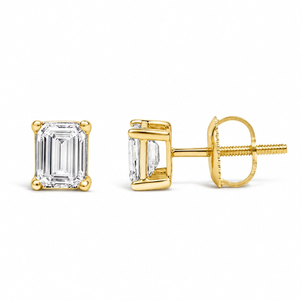 14K Gold Emerald Cut Lab-Grown Diamond Solitaire Stud Earrings with Screw Backs