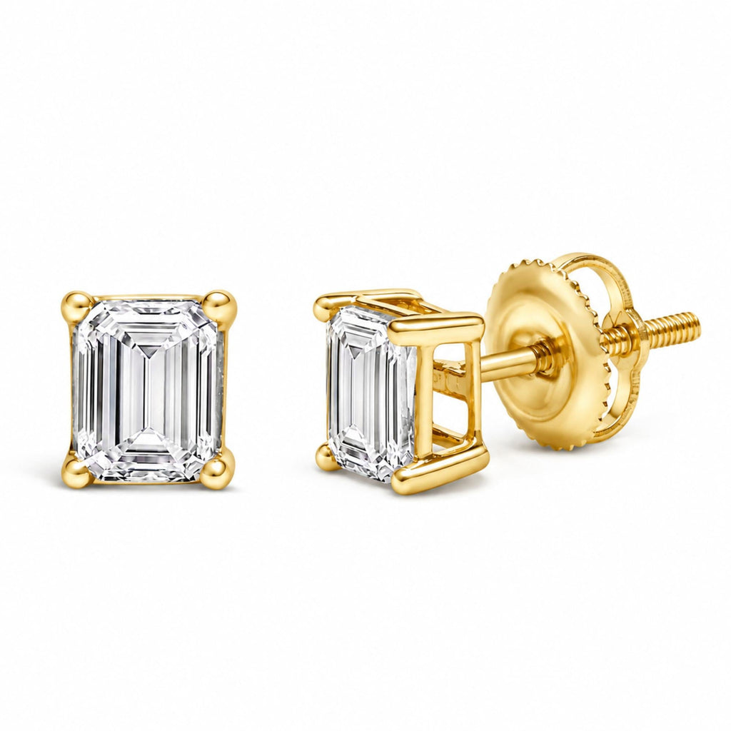 14K Gold Emerald Cut Lab-Grown Diamond Solitaire Stud Earrings with Screw Backs