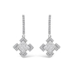10K White Gold Princess and Round Diamond Geometric Composite Dangle Earrings