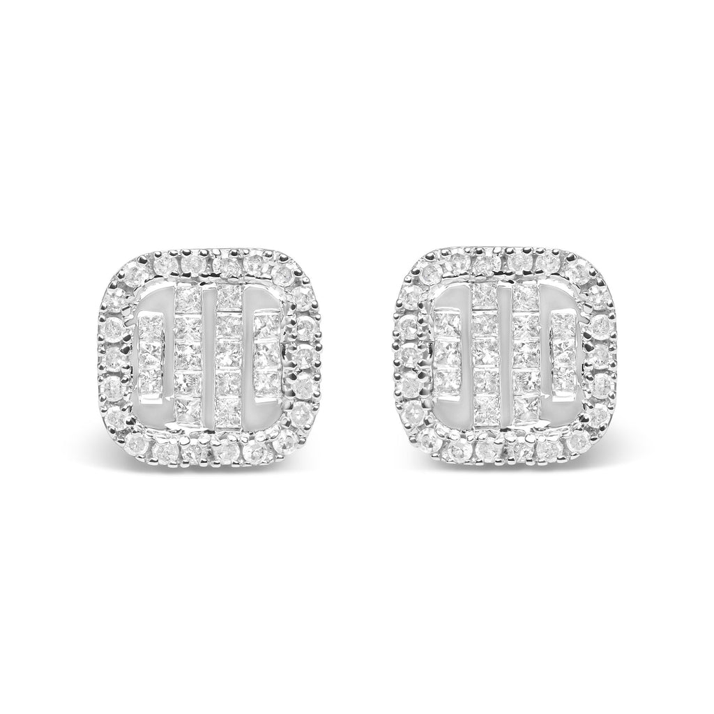 10K White Gold 7/8 Cttw Diamond Princess Composite and Halo Stud Earrings (I-J Color, I1-I2 Clarity)