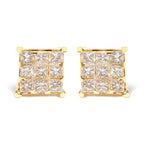 14K Yellow Gold 1 1/2 Cttw Invisible Set Princess-Cut Diamond 9 Stone Square Stud Earrings (J-K Color, SI2-I1 Clarity)
