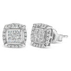 Sterling Silver 1/2 Cttw Princess Cut Diamond Composite and Halo Stud Earrings
