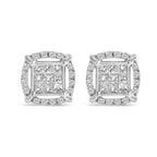 Sterling Silver 1 Cttw Princess Cut Diamond Square Halo Stud Earrings