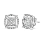 Sterling Silver 1 Cttw Princess Cut Diamond Square Halo Stud Earrings