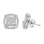 Sterling Silver 1 Cttw Princess Cut Diamond Square Halo Stud Earrings