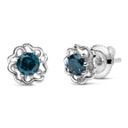 .925 Sterling Silver 1/2 Cttw Blue Diamond with Openwork Floral Halo Stud Earrings