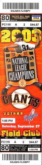 Andres Galarraga 2,000th Strike Out Full Ticket Giants 9/27/2004