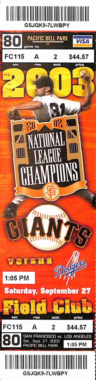 Andres Galarraga 2,000th Strike Out Full Ticket Giants 9/27/2004