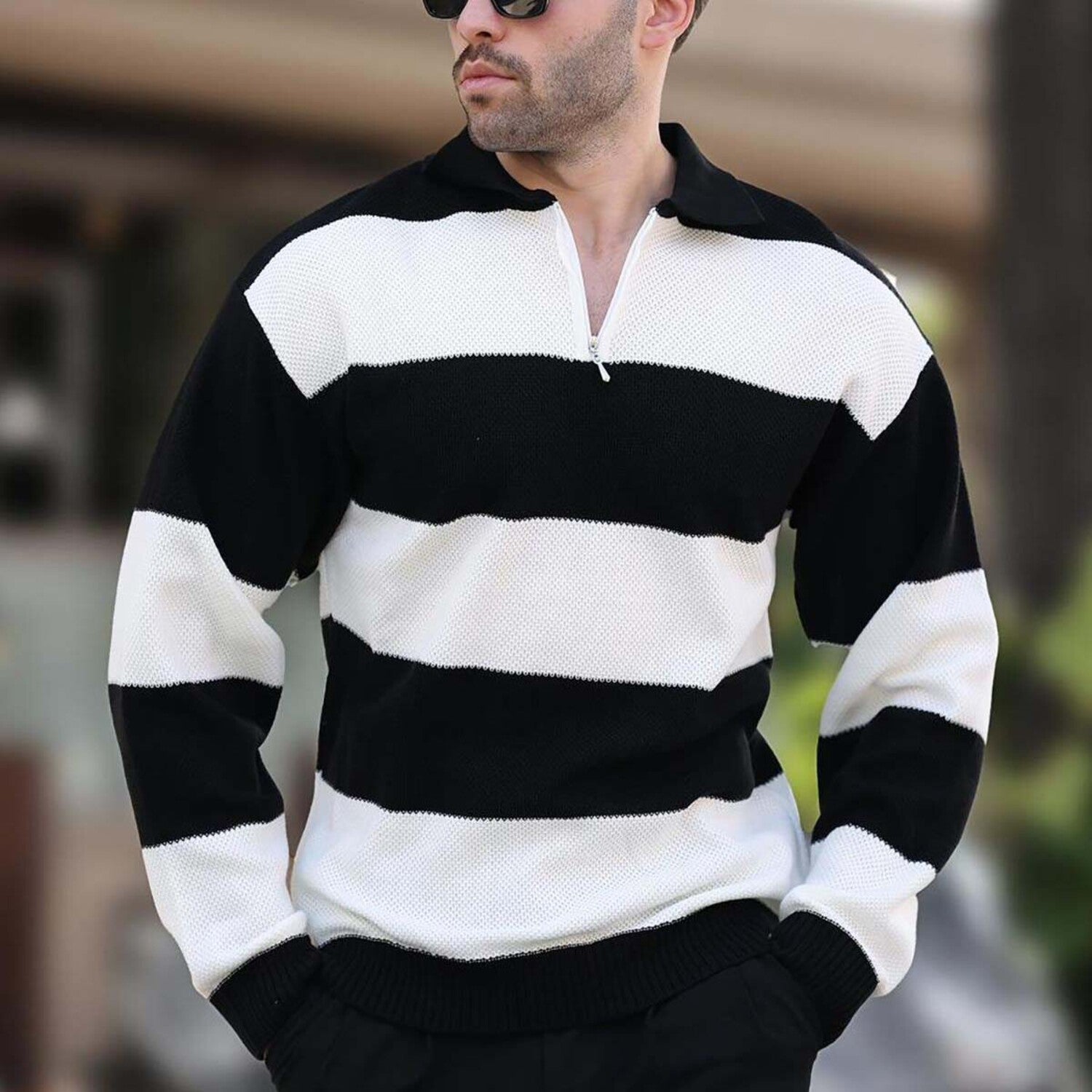 Quarter-Zip Striped Polo Sweater // Black + White