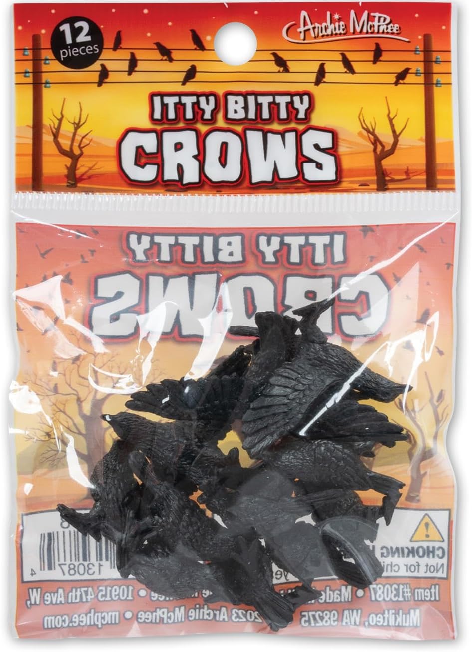Itty Bitty Black Crows 🖤 – Realistic Mini Crow Figurines (Set of 12) | Bird Decorations - Archie McPhee