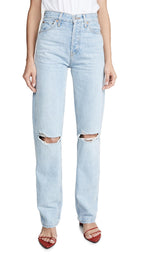 RE/DONE Women's High Rise Rigid Loose Jean, Bleach Destroy, Blue, 26