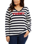 Tommy Hilfiger Womens Blue Embroidered Striped Printed Long Sleeve V Neck Sweater Size 0X