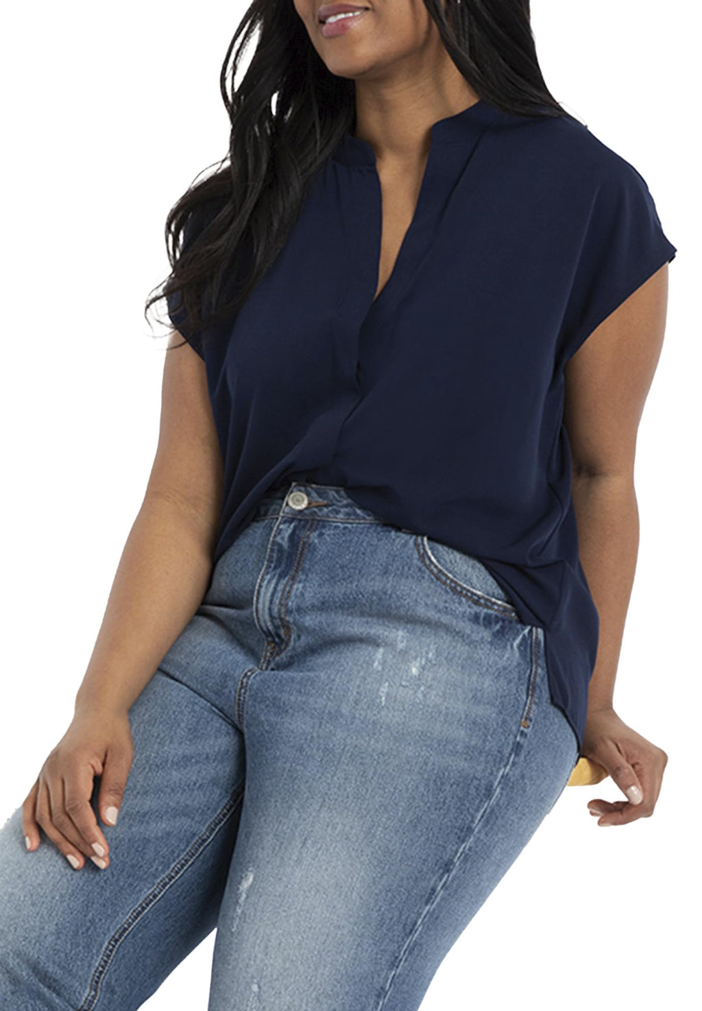 ELOQUII Women's Plus Size Notch Collar Blouse - 14, Dress Blues