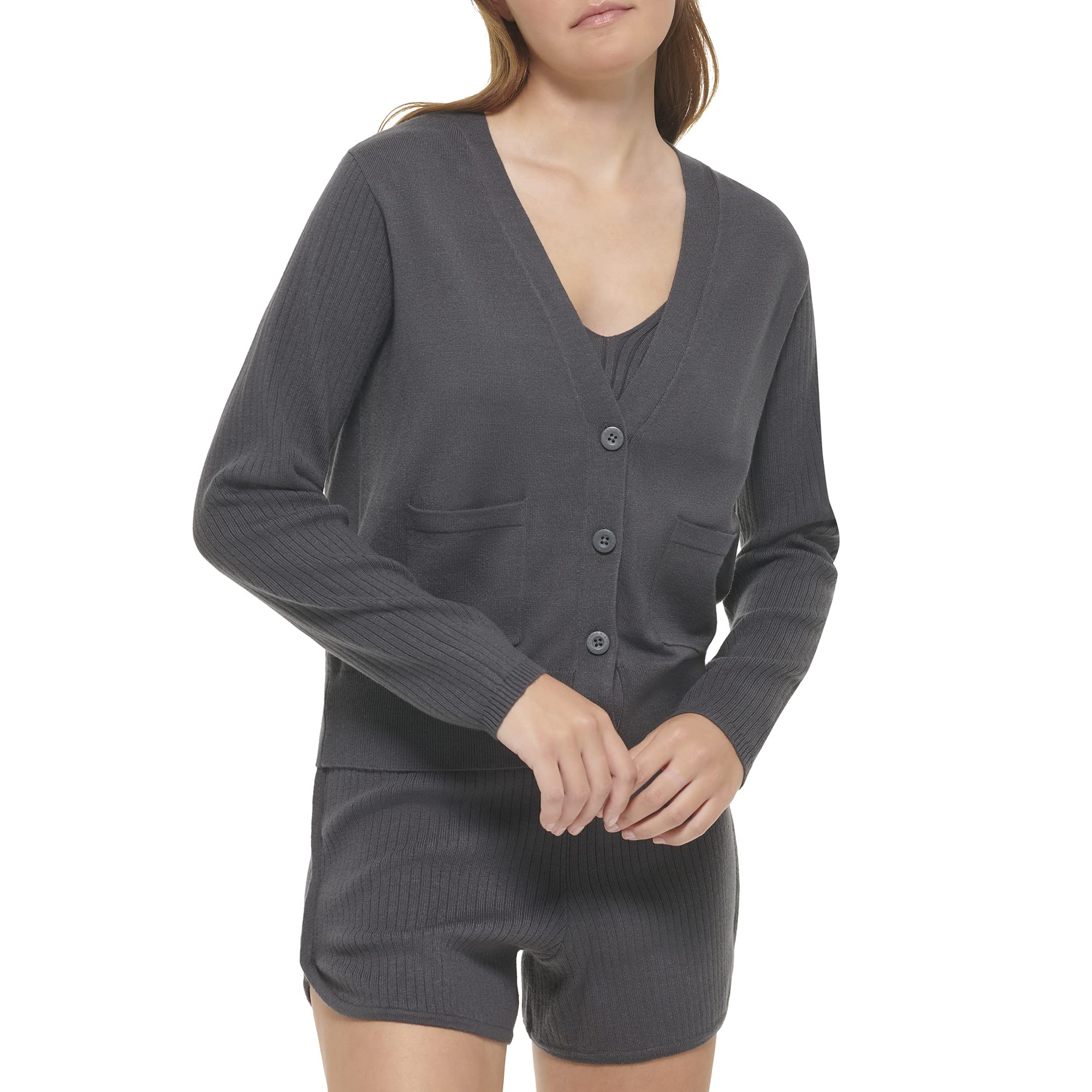 Calvin Klein Women's Front Pocket Button Up Sweater, Forged Iron, Medium