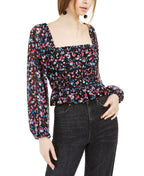 Leyden Womens Juniors Smocked Floral Top Black L
