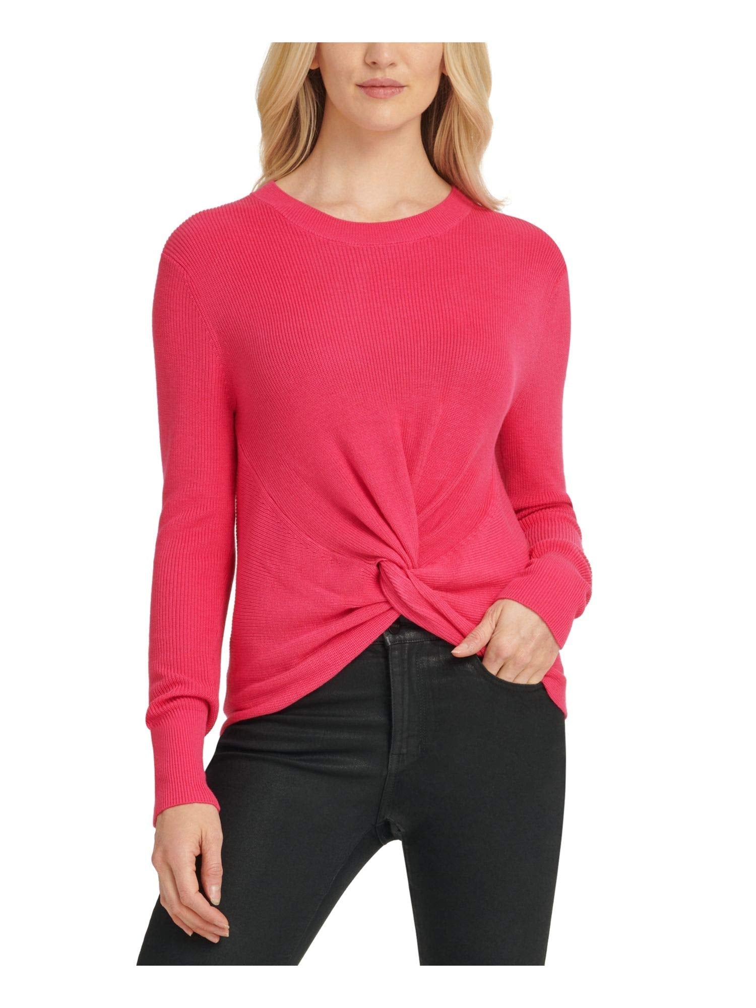 DKNY Womens Pink Twist Front Long Sleeve Jewel Neck Sweater Size XS