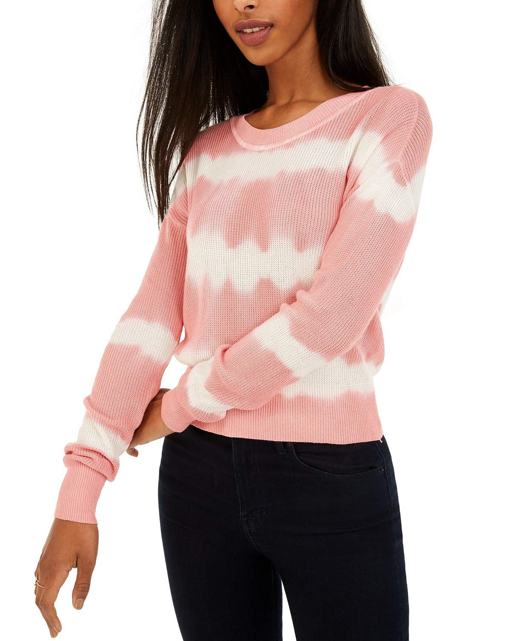 CRAVE FAME Juniors' Tie-Dyed Crew-Neck Sweater Pink Size Small