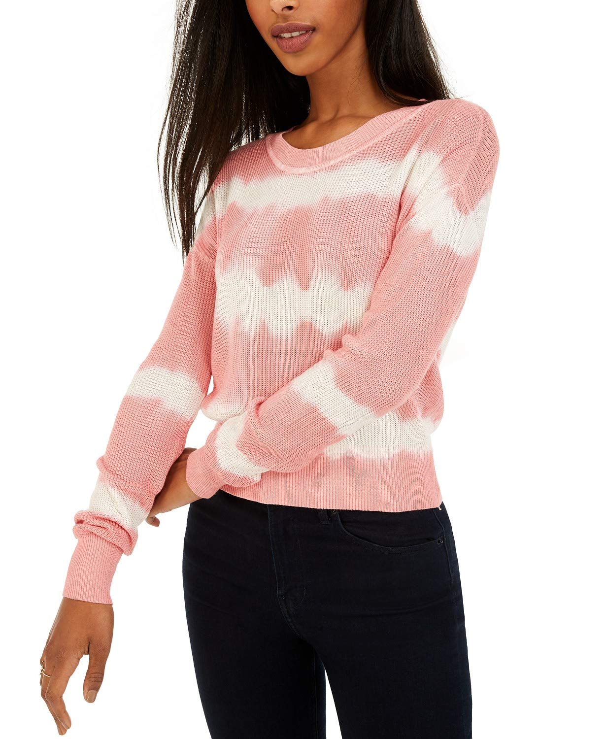 CRAVE FAME Juniors' Tie-Dyed Crew-Neck Sweater Pink Size Small