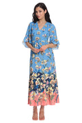 London Times Women's Floral Printed V-Neck Tiered Maxi with Ruffle Elbow Sleeves and Border Hem, Soft White/French Blue, 4