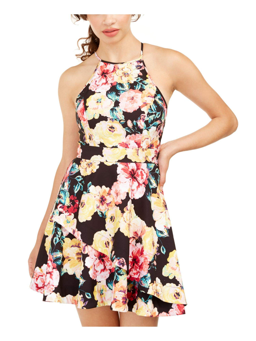 Speechless Womens Floral Halter Fit & Flare Dress Black 1