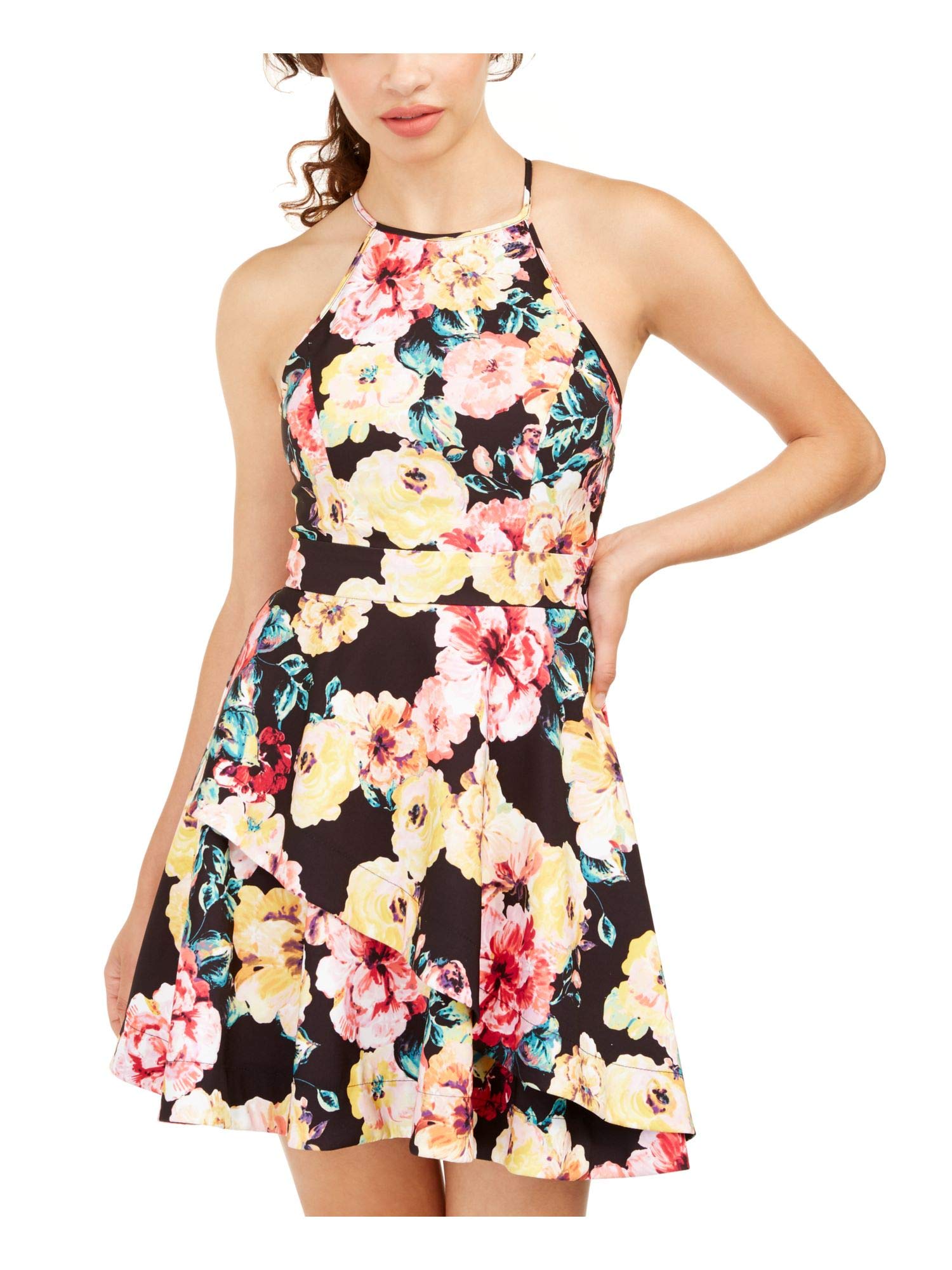 Speechless Womens Floral Halter Fit & Flare Dress Black 1