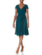 Dress the Population Womens Corey Cap Sleeve Plunge Neck Fit and Flare Knee Length Dress, Pine, Medium US