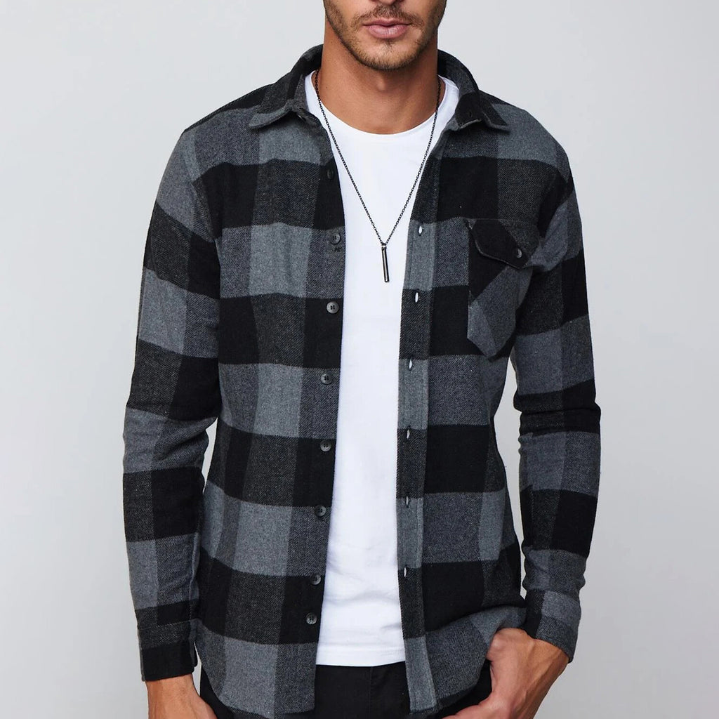 Slim Fit Flap Pocket Checkered Lumberjack Shirt // Black + Grey