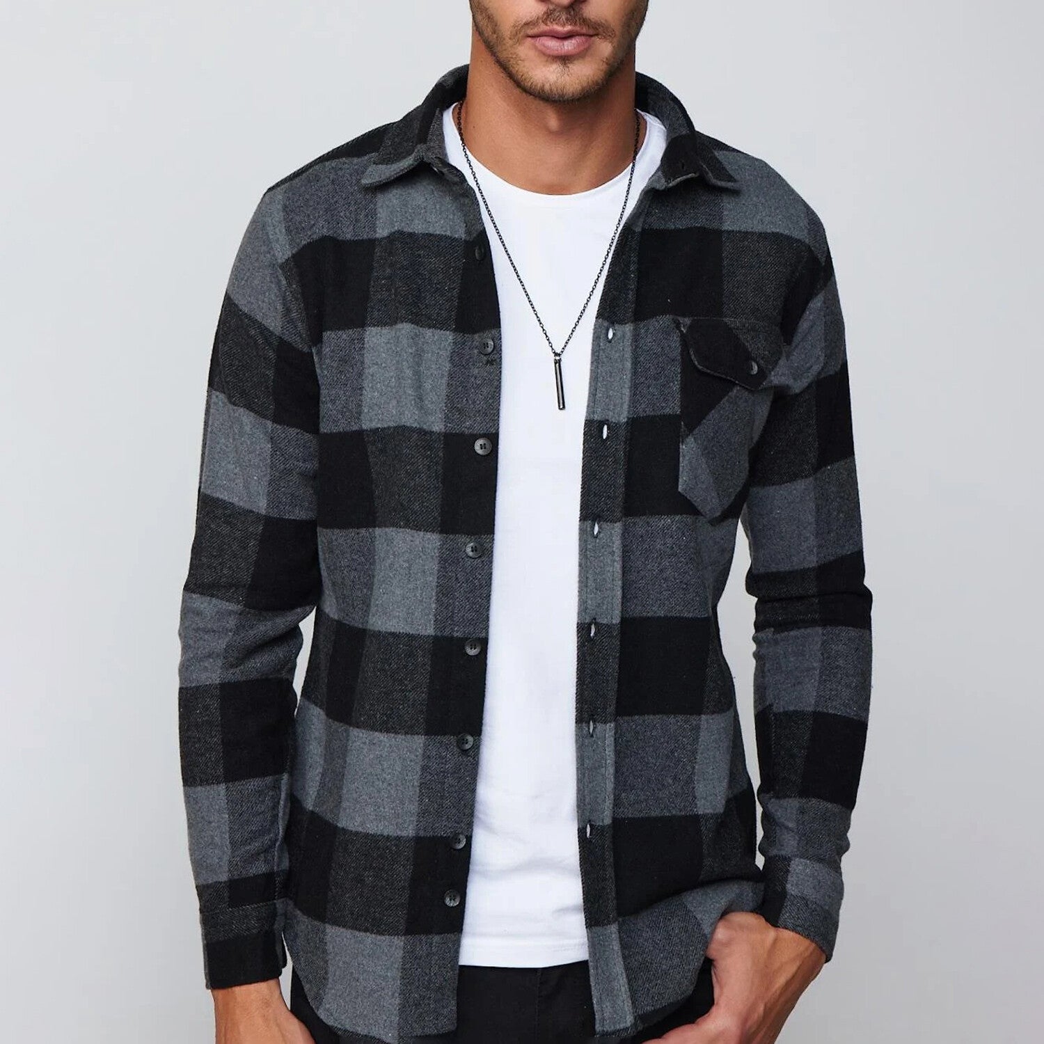 Slim Fit Flap Pocket Checkered Lumberjack Shirt // Black + Grey