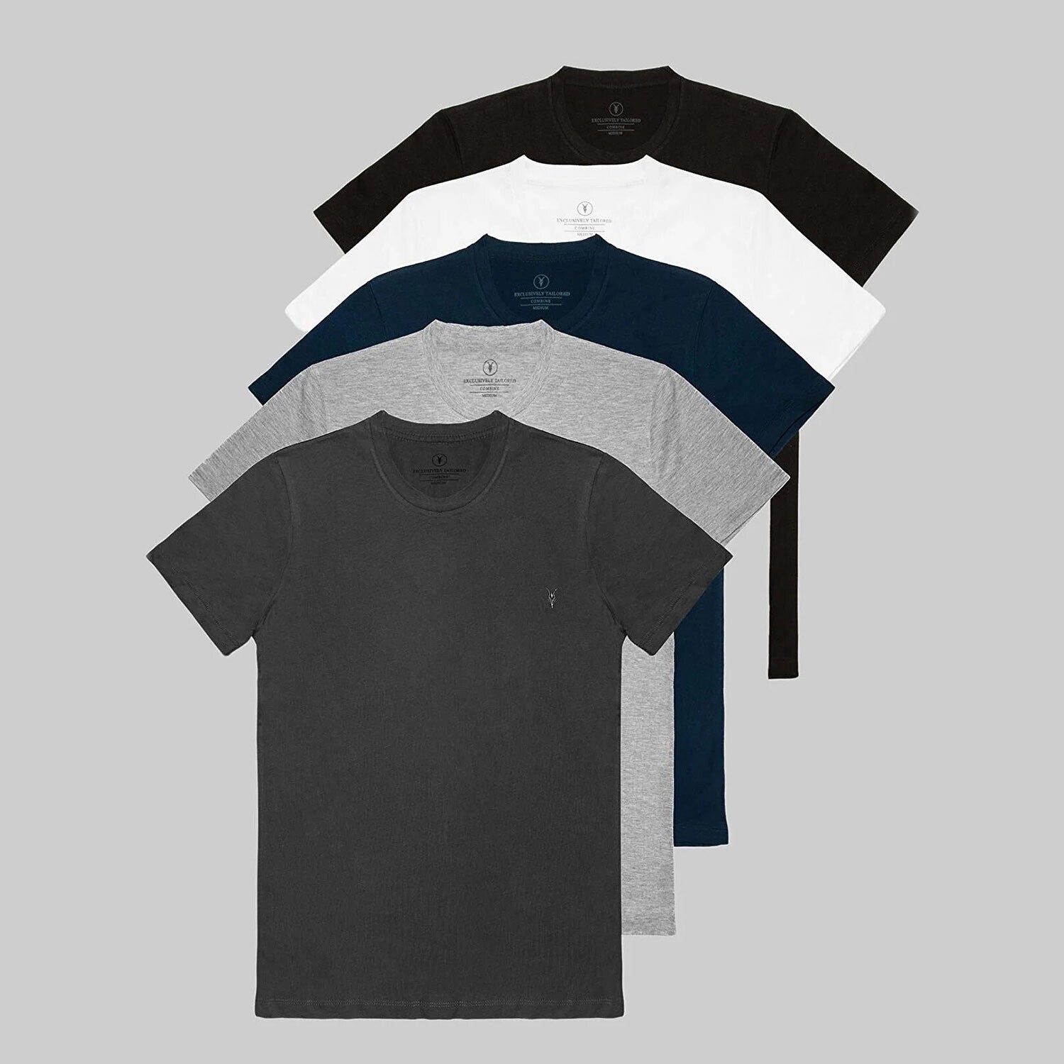 Set of 5 // Crewneck Regular Fit T-Shirts // Black + White + Navy + Gray + Dark Gray