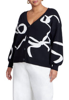 ELOQUII Women's Plus Size Intarsia Cardigan - 18/20, Black White Bows