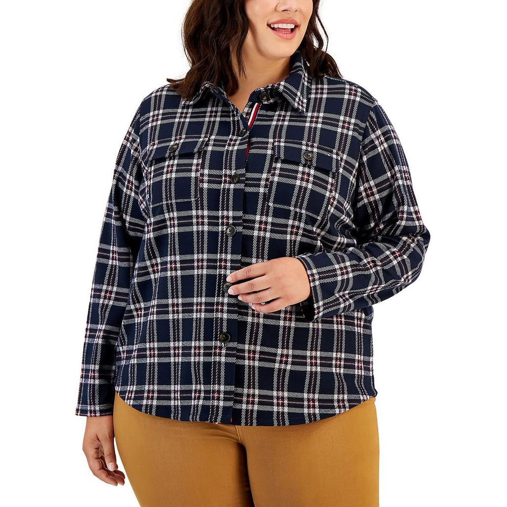 Tommy Hilfiger Women's Plus Everyday Soft Casual Shacket, SKYCAP/Crimson, 2X