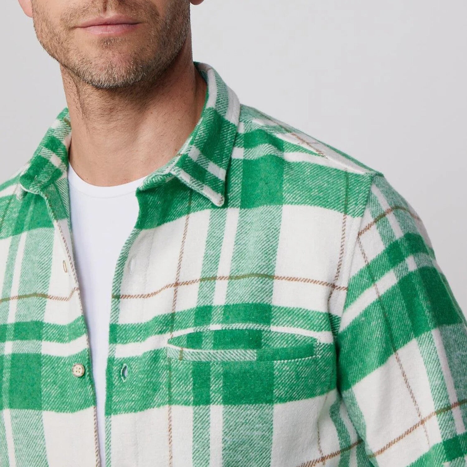 Slim Fit Flap Single Pocket Winter Plaid Lumberjack Shirt // White + Green