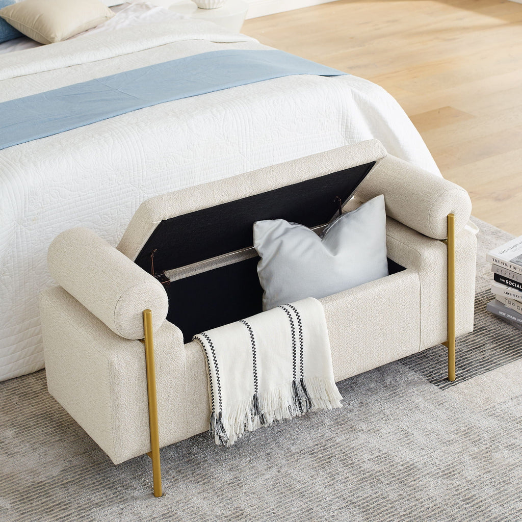 Elegant Upholstered Storage Bench With Cylindrical Arms And Iron Legs