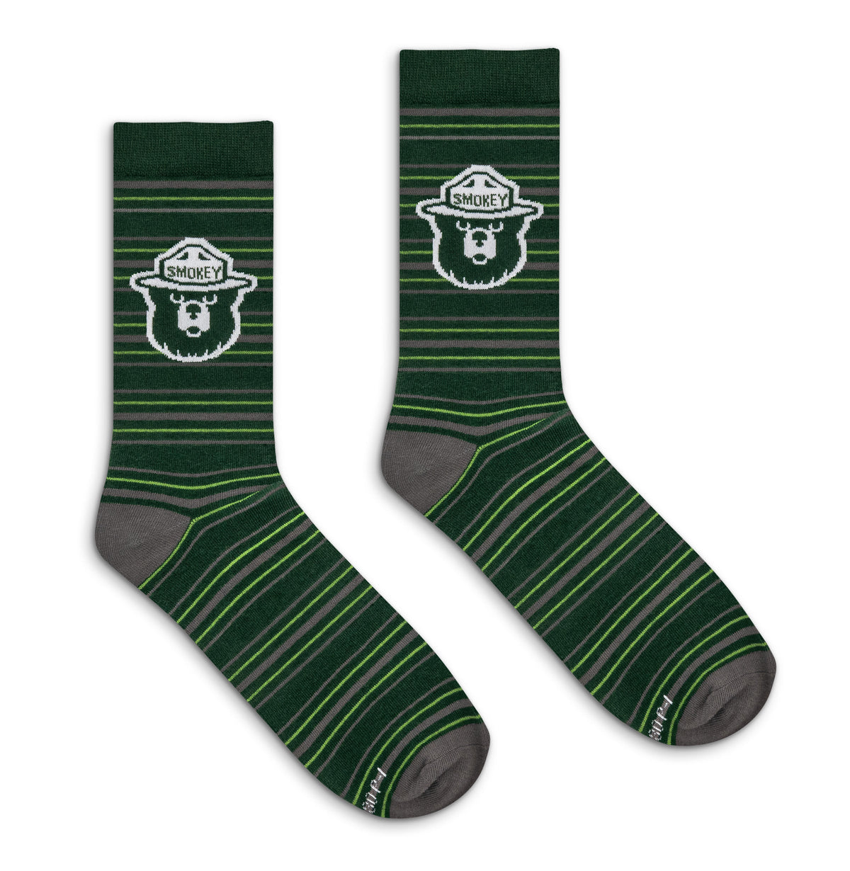 Smokey Bear Animal Mascot Striped Crew Socks - Green/Gray